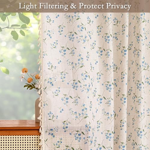 Image of MYSKY HOME Blue Floral Semi Sheer Boho Linen Curtains 63 Inch Length 2 Panels for Living Room Bedroom Light Filtering Spring Vintage Farmhouse French Tassels Back Tab Drapes, 50 inch Wide, 2 Panels