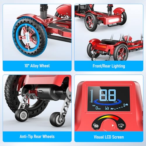 Image of Mobility Scooter Adults & Seniors, Red, 12AH Li-ion Battery | Carbon Fiber Lightweight, 15 Miles Range, Airline Approved, All-Terrain, 330lb Capacity, All-weather Cover