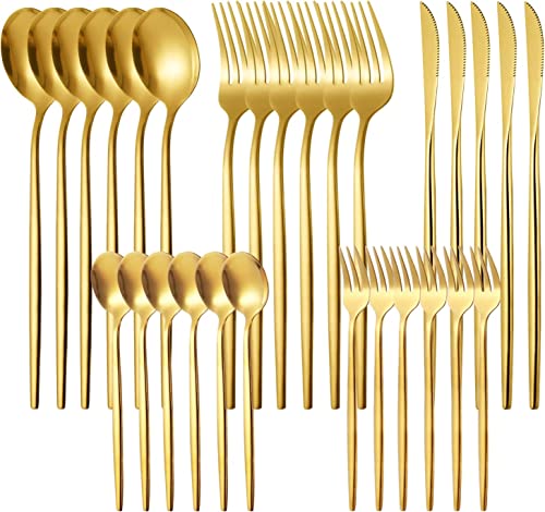 El Mejor Listado de Tenedor-cuchara que Puedes Comprar On-line. 43 Juego de cubiertos 30 piezas : Cubiertos de acero inoxidable - Utensilios de plata pulidos con espejo con cucharas para la cena Tenedores Cuchillo para bistec Servicio para 6 (Oro)