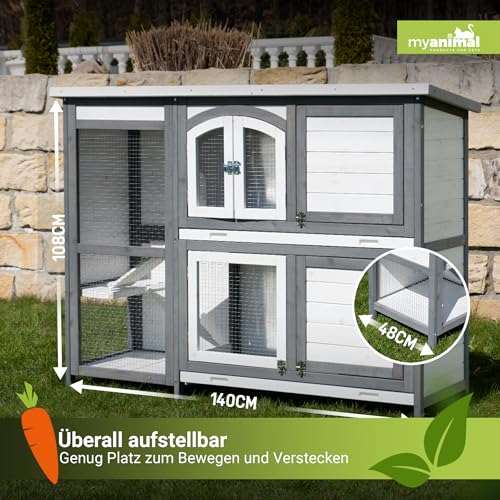 MyAnimal Hasenstall MH-02 | 140x48x108 cm - Kaninchenstall - Hasenkäfig - Kleintierkäfig - Holz imprägniert - Kaninchenkäfig Winterfest - Kleintiergehege - Käfig - Hasenhaus (Grau/Weiß)