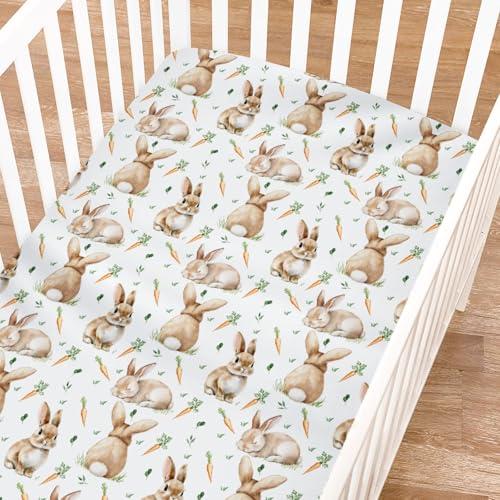 Sábana bajera ajustable para cuna de bebé para niño y niña, 52 x 28 pulgadas, conejitos de Pascua, hojas de zanahoria, suave, transpirable, elástica, funda de colchón de cuna, sábanas de bebé para