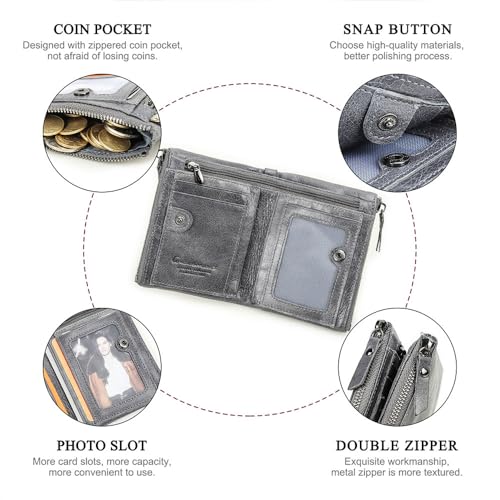 Image of CONTACTS Soft Leather Wallet for Women and Men Small Bifold Coin Purse Double Zipper Card Holder with RFID Blocking (Gray)