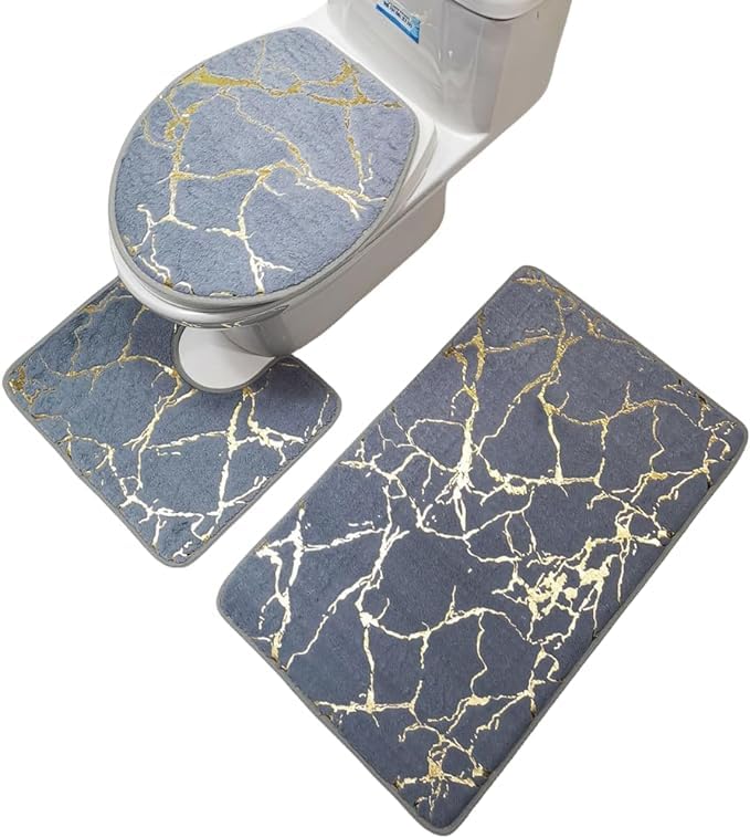JOEBO Bathroom Rug Set,3 Pieces U Shaped Toilet Contour Matm,Bath Rug,andToilet Lid Cover Mat Bathroom Absorbent Mats, Modern Bath Rugs for Bathroom Washable Bathroom Accessories Set (Grey)