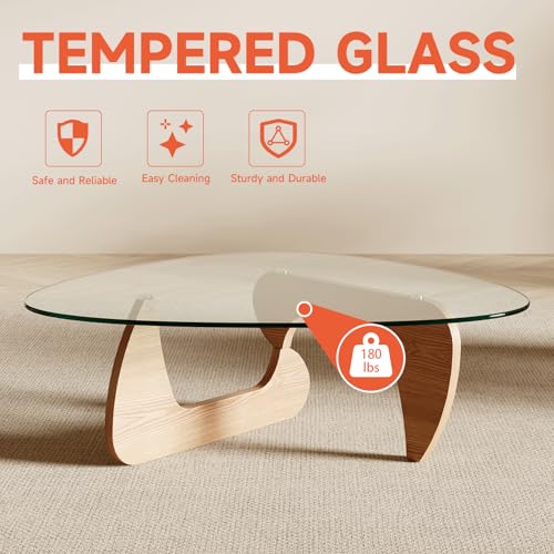 Image of Modern Coffee Table for Living Room and Small Spaces, 35.6 inch x 25.4 inch x 15.8 inch Triangle Tempered Glass Table Top and Solid Wood Base, Natural Wood