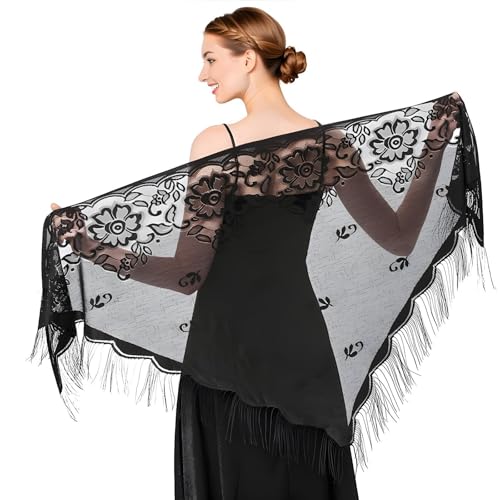Black Lace Shawl Triangle Lace Shawls and Wraps Black Lace Scarf Black Shawl with Fringe Triangle Shawl Black Fringe Shawl for Wedding Evening Party Dresses