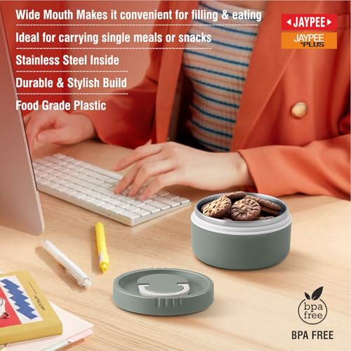 Image of Jaypee Plus Snackpac Airtight Leakproof Container 400 ml Lunch Box for School, Office, Ideal for Snacks and Meal, Keeps Food Hot & Fresh Inner Stainless Steel Easy to Carry Handle, Greenish Green