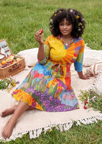 Image of FANDEE Plus Size Midi Dress for Women - Printing Summer Dresses for Wedding Guest Cocktail Party 3 /4 Sleeve V Neck(L-5XL)