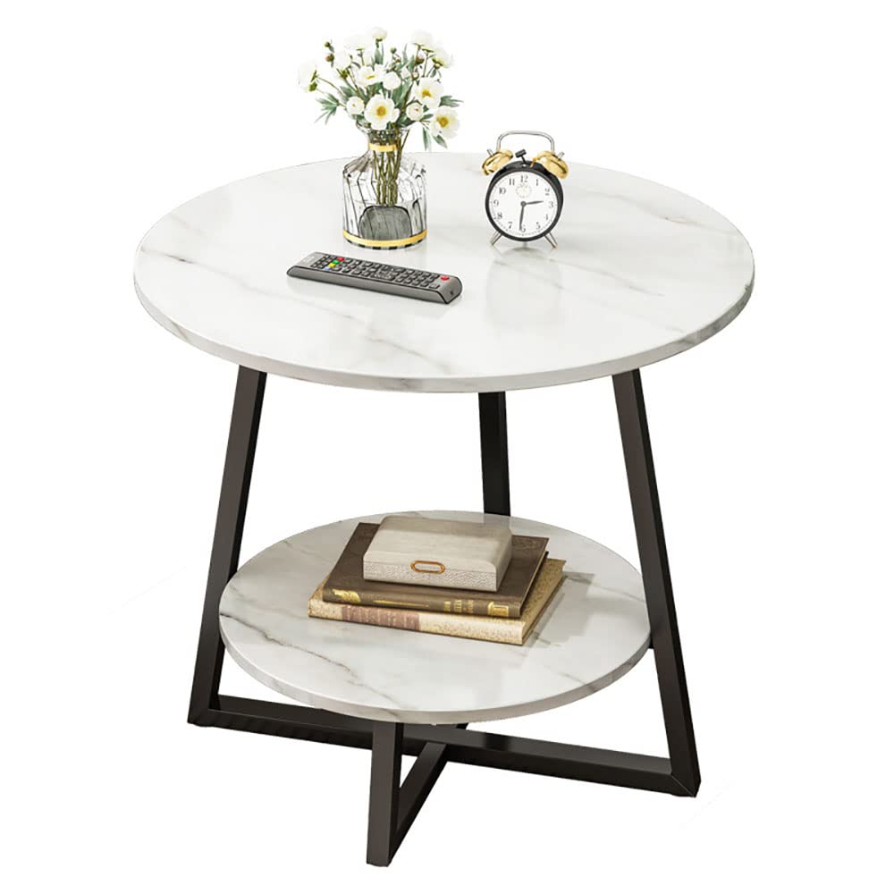 Round Coffee Table, Double Layer Sofa Side Table End Table, Imitation Marble Coffee Round Table Snack Table Bedside Table Nightstand with 2 Layer Storage for Living Room Small Space (H221-Black Leg)