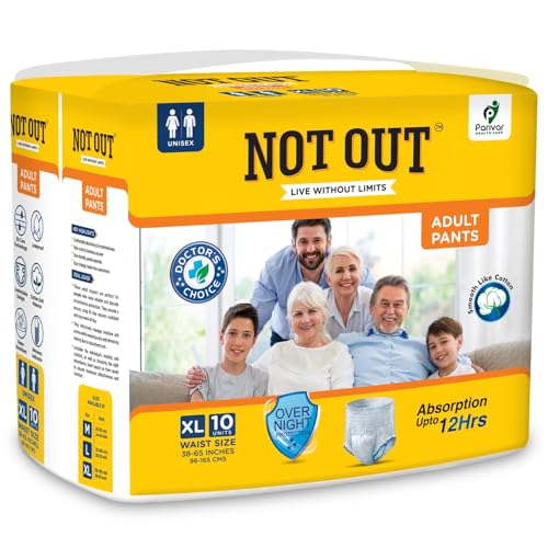 Image of Not Out Adult Diaper Pants, XL (Waist 38-65 inches | 96-165 cm) | Comfortable, Leak-Proof, Odour Control Incontinence Pants, Pack of 1, Count 10