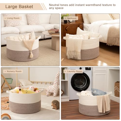 Image of OIAHOMY 90L XXXLarge Blanket Basket for Living Room, 21.7 inch x 13.8 inch Woven Cotton Rope Laundry Basket for Organizing Pillows, Decorative Stuffed Animal Toy Storage for Nursery, White and Linen Brown