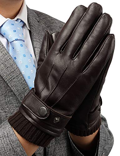 Leather Gloves for Men, Full Touchscreen with 3M Thinsulate Driving Texting Winter Dark Brown Gloves Size S