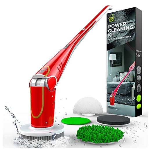 JPK SX Spin Scrubber | Powerful Electric Mop with LED Display | Cordless Power | Scrubber | Brushes | Mops | Sponge | Storage Rack - Red