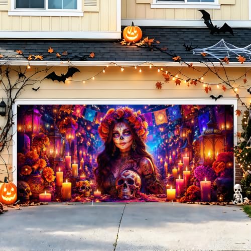 Image of Catrina Sugar Skull Garage Door Cover 6x13 ft, Halloween