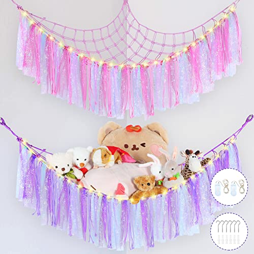 2 Packs Stuffed Animal Net Or Hammock With Led Light Plush Toy Hammock Stuffed Animal Storage Holder Hanging Kids Toy Organizers And Storage Net With Tassels For Kids Bedroom Nursery Play Room Decor #TOP7
