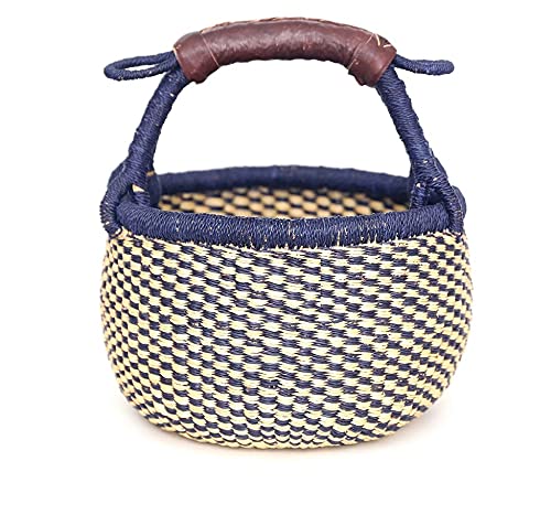 The African Home Goods Market Basket, Handmade in Ghana by Women Artisans, Natural + Navy Color: Midnight + Natural 1 EA (MEDIUM: 11Inch-13Inch), Mid night & Natural