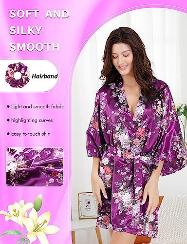 Image of EPLAZA Womens Floral Satin Robe Bride Bridesmaid Robes Wedding Kimono