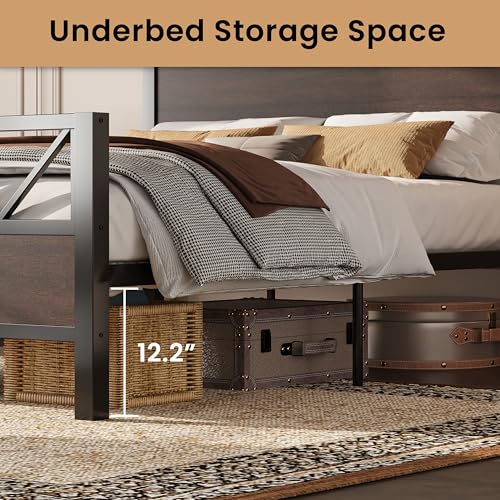 Image of LIKIMIO California King Bed Frame, Tall Industrial Headboard 51.1 inch, Platform Bed Frame with Strong Metal Support, Solid and Stable, Noise Free, No Box Spring Needed, Easy Assembly, Dark Brown