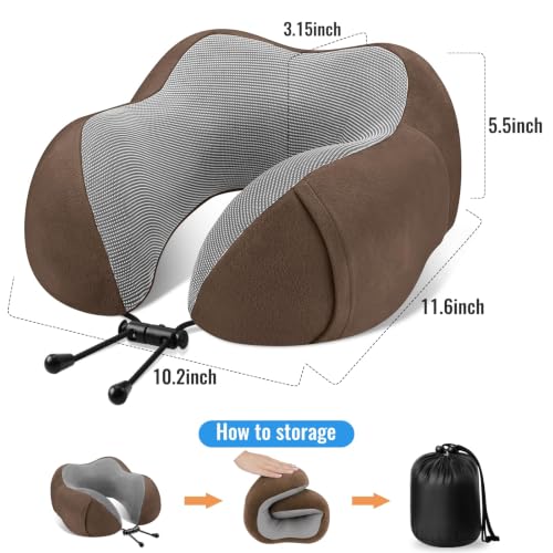 Image of CloudBliss Travel Pillow for Plane, Memory Foam Neck Pillow for Travel, Airplane Pillow with Eye Mask, Earplugs, Storage Bag, Compact Neck Pillow for Long Flight, Car & Office, Trip Essentials, Brown