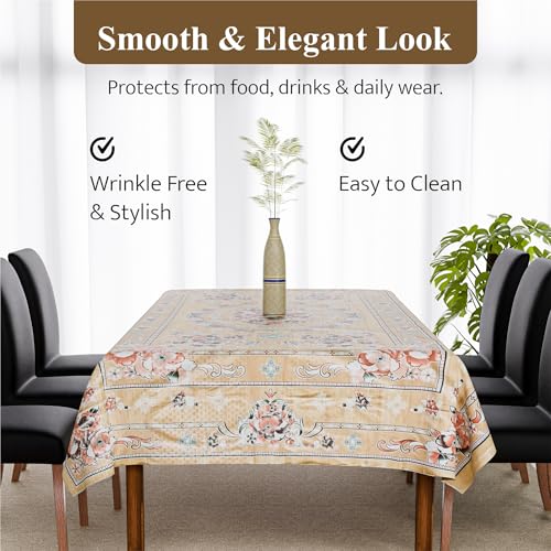 Image of Kuber Industries 60x90 Inch PVC Dining Table Cover 6 Seater Waterproof | Dining Table Cover /Sheet for Party and Events | Passion Flower Print - Light Brown