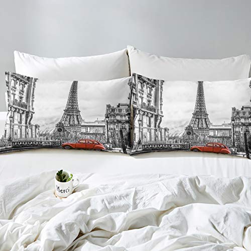 Loussiesd Novelty Duvet Cover Set King Size Decorative Microfiber Polyester Bedding Set Paris Eiffel Tower Print Grey Famous City Scene Comforter Cover with 2 Pillow Shams - Image 2