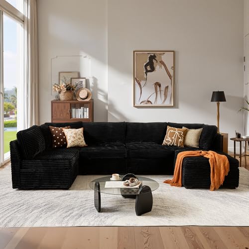 Image of ovios Modular Sectional Sofa Couch with Sofa Bed L-Shape Chaise, Comfy Plush Corduroy Cloud Couches, Modern Luxury Deep Seat Sofas Set for Living Room, 6-Seater, Black