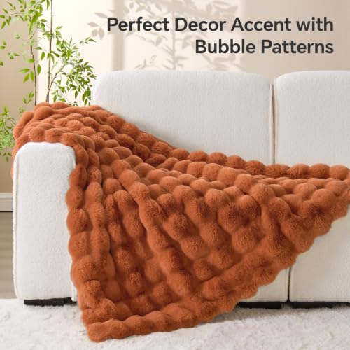 Image of BEDELITE Faux Fur Throw Bubble Blanket for Couch, 50 inch x 60 inch, Burnt Orange