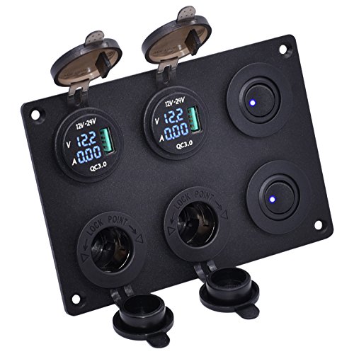 Cllena Dual QC 3.0 USB Charger Socket + LED Volt-Ammeter + 2 Cigarette Lighter Socket 12V Power Outlet + ON-Off Toggle Switch Multi-Functions Panel for Car Marine Boat Rv Truck Camper Mobiles (Blue)