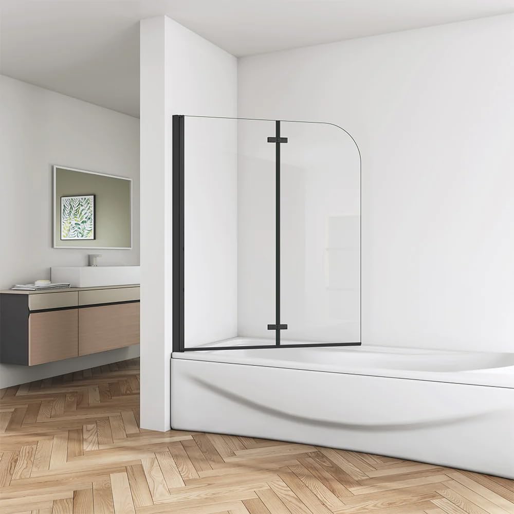 Mampara de Bañera Abatible 2 Hojas Cristal Antical 6mm Plegable Perfil Negro Mate Tamaño:(880-900) x1400mm