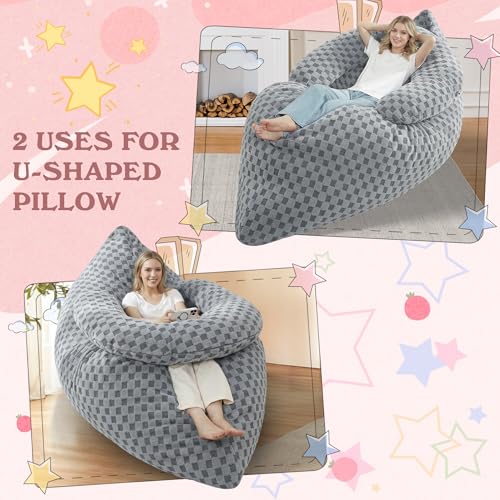 Image of HABUTWAY 3 in 1 Bean Bag Chair with Portable U-Shaped Pillow, Giant Bean Bag with Washable Cover, Convertible Sofa Bed (Light Grey)