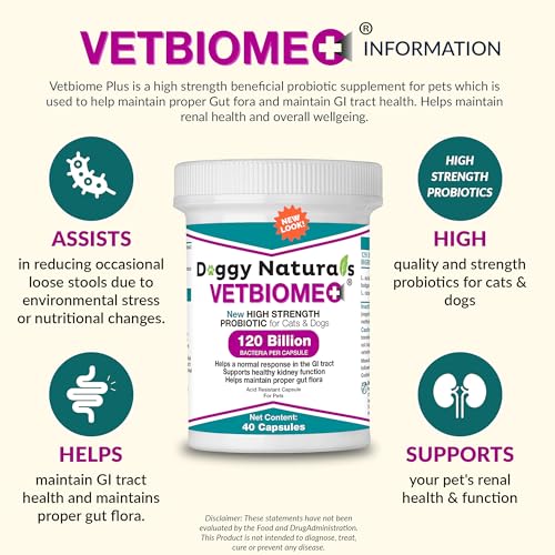 Image of Vetbiome Plus High Strength Probiotics for Pets (160 Capsules) - 120 Billion CFU, 9 - Strain Formula - Third Party Tested - U.S Made