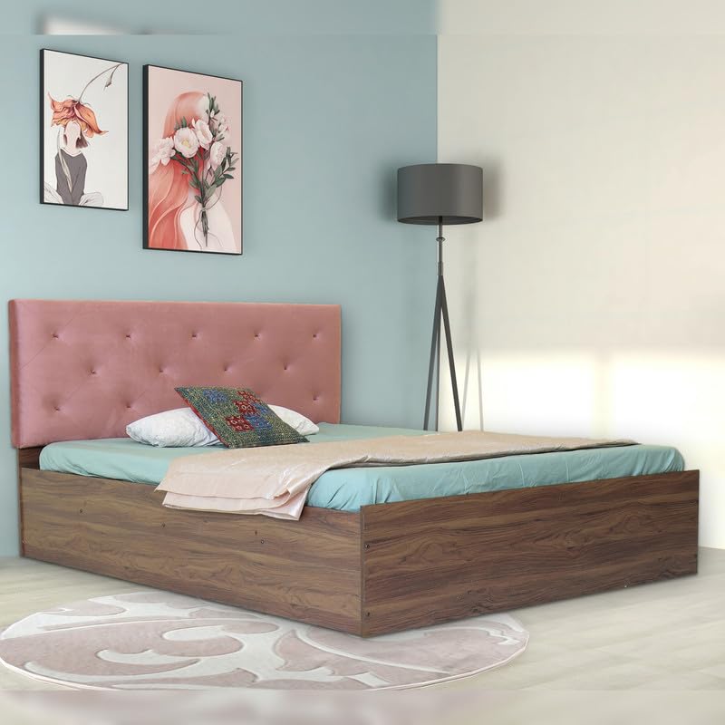 Image of Amazon Brand - Solimo Bed | 1 Year Warranty | Double Bed, Queen Size, Nirodhah Premium Upholstery, Comfortable Seating Height Bed, Non-Woven Base & 3mm MDF, Walnut Colour (Melamine Finish)