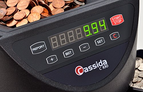 Cassida C100 Electronic Coin Sorter/Counter, Countable Coins 1¢, 5¢, 10¢, 25¢, 250 Coins/Min, 110 Vac #TOP1