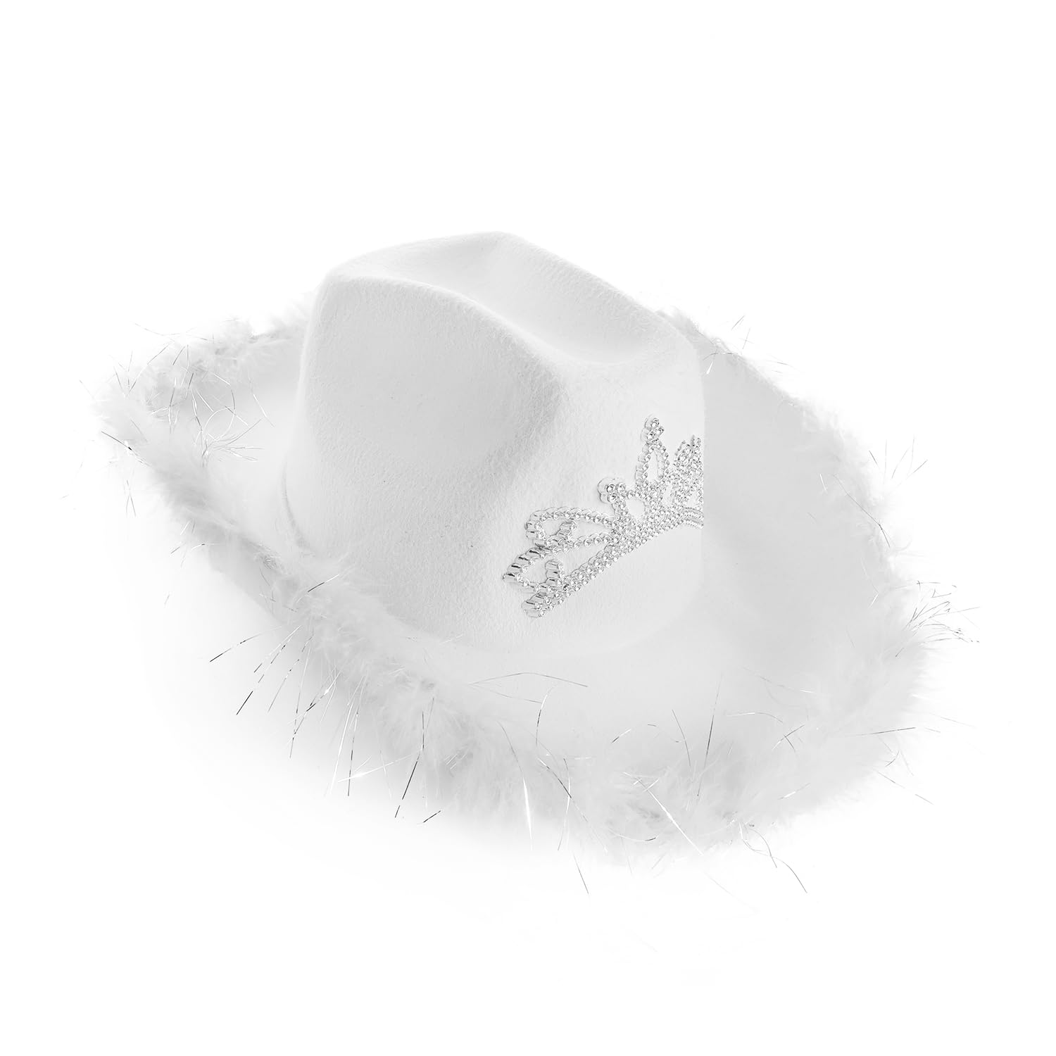 White Tiara Cowgirl Hats - Pack of 3 - White Cowgirl Hat with Marabou Trim and Tiara Decoration - Adults Festival Music Fancy Dress Accessory