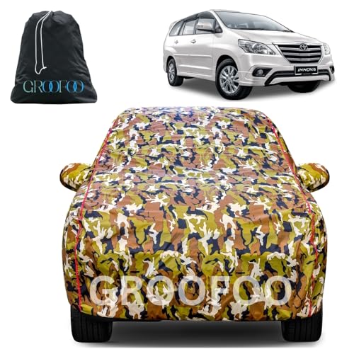 Image of GROOFOO Waterproof Car Body Cover with Mirror Pockets Compatible with Toyota Innova | Triple Stitch Blue Piping Car Cover UV & Dust Proof All-Weather Protection, Adjustable Buckle (Army and Red)