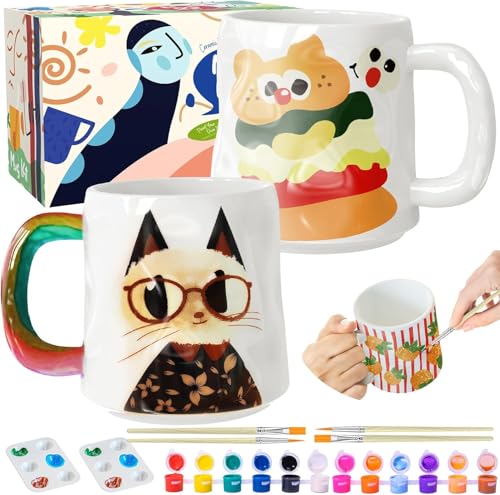 Roaxkois Keramik Bemalen Set - Kreatives Keramik Bastelset mit Farben, Pinseln und Anleitungen, Perfektes Tassen Bemalen Set für individuelle Geschenke und Freizeitgestaltung (Glatt) (Welle)