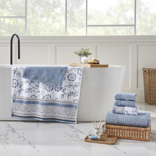 Image of Modern Threads 6 Piece Set,2 Bath Towels,2 Hand Towels,2-Washcloths Yarn Dyed Jacquard /Solid Towel Set Ophelia Blue,(Pack of 8)