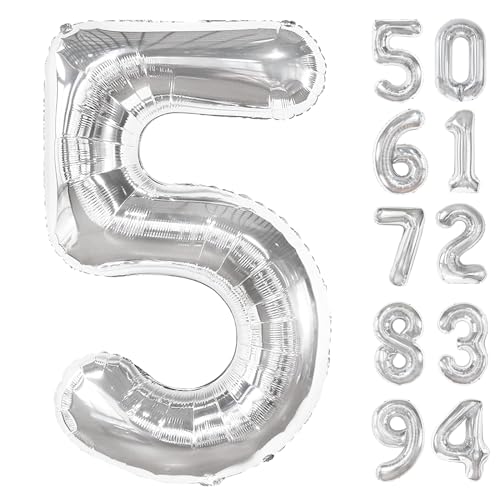 Image of Silver 5 Balloon, Number Balloons 40 Inch, 5th Birthday Balloon Decorations, Silver Party Supplies, 5 Number Balloons, Number 5 Balloon
