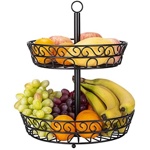 TOROTON 2 Tier Fruit Bowl, Countertop Metal Fruit Basket Rack, Display Stand for Fruit Vegetable Bread - Black Cover