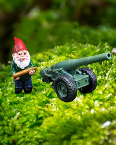 Funny Army Gnomes Outdoor Statue Military Garden Gnomes Figurine Tactical Gnome Ornament with Cannon Cart for Lawn Patio Yard Home Unique Gifts 3.62 in Tall