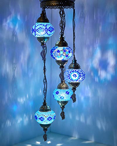 (Customizable Globes) DEMMEX 2019 Hardwired or PLUGIN 5 Globes Chandelier Lights Turkish Moroccan Mosaic Ceiling Hanging Pendant Chandelier Light Lighting (Hardwired)