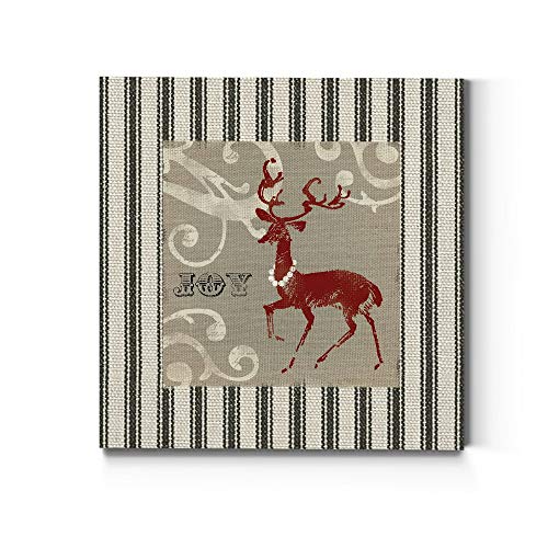 Renditions Gallery Joy Reindeer Wall Art, Cute Christmas & Winter Decor, White & Red with Striped Fabric Look, Premium Gallery Wrapped Canvas, Ready to Hang, 16 in H x 16 in W, Made in America