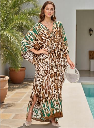 Image of IMAGEKOPE Women's Plus Size Animal Print V-Neck Batwing Kaftan Beach Dress Bathing Suit Cover-Up Loungewear