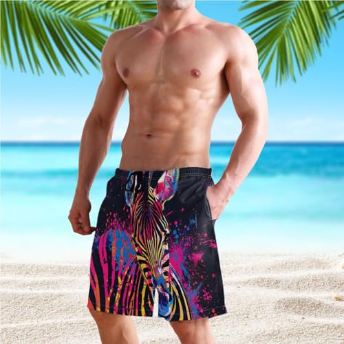 Men's Rainbow Zebra Swim Trunks Shorts Swimwear Beach Board Short Bathing Suits with Pockets S4