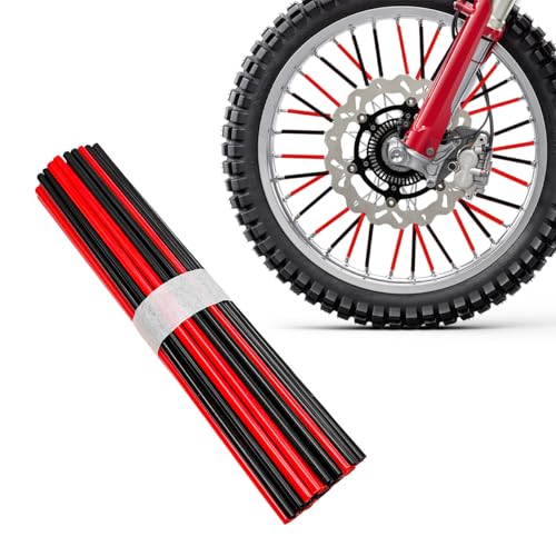 Image of 72PCS Dirt Bike Spoke Covers, Motorcycle Spoke Skins Wheel Wraps Pipe for 8 inch-21 inch Rims, Dustproof Wheelchair Rim Decoration Protector Pipe Trim for Bicycle Dirt Pit Bike (Black+Red)