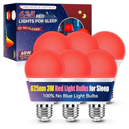 Image of Neporal 3W 625nm Red Light Bulbs for Sleep, 100% Blue Light Blocking Bulb, Red Light Night Light for Melatonin Promoting, A19 40W Equivalent Dim Light Bulbs for Bedroom, Baby Nursery,6 Pack