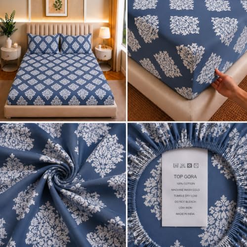 Image of Castiqa Elastic Fitted Supersoft Premium Polycotton 200TC Double Bedsheets King Size 78x72 Inch with 2 Pillow Covers (Fits Upto Mattress of 8Inches) (Multicolor V)