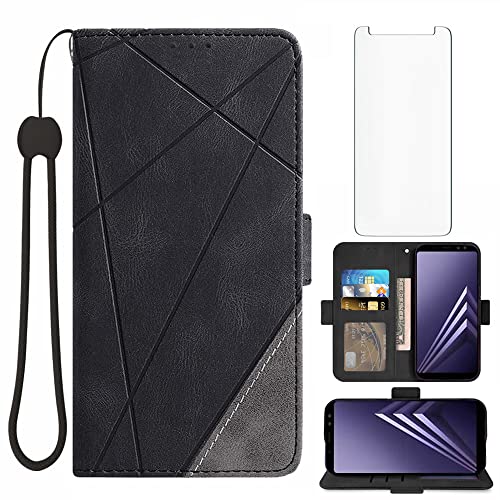 Asuwish Coque pour Samsung Galaxy A8 2018 Duos avec Verre Trempé Rabat Support Cuir Porte Carte Portefeuille Étui A530 A530F SM-A530F Housse Phone Cover Case Noir