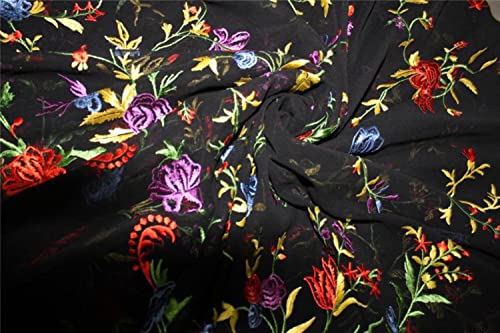 Georgette en soie brodée tissu romantique noir fleurs poésie couture