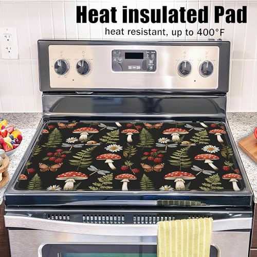 Image of Stove Top Covers for Electric Stove,Red Mushroom Flat Top Stove Cover,Green Herb Butterfly Heat Resistant Glass Top Stove Cover Protector Anti-Slip Range Covers, 28 x 20 Inch