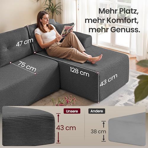 VASAGLE Ecksofa, modulares Sofa 244 cm breit, vakuumverpackt, Schlafsofa, Keine Montage erforderlich, mit großer Chaiselongue rechts, für Wohnzimmer, Gästezimmer, schiefergrau LCS184GN01